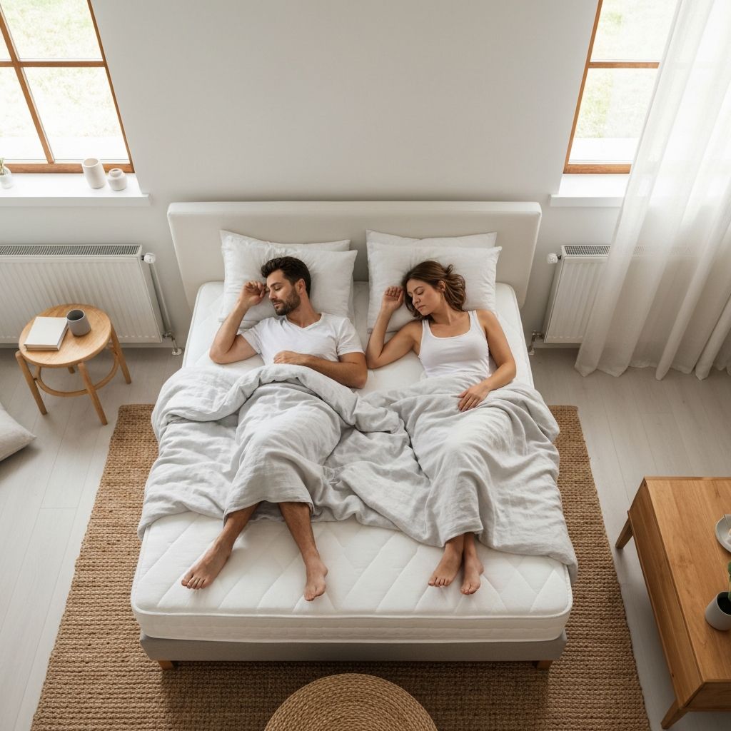 Couple sleeping peacefully on an Allswell hybrid mattress with white linen bedding