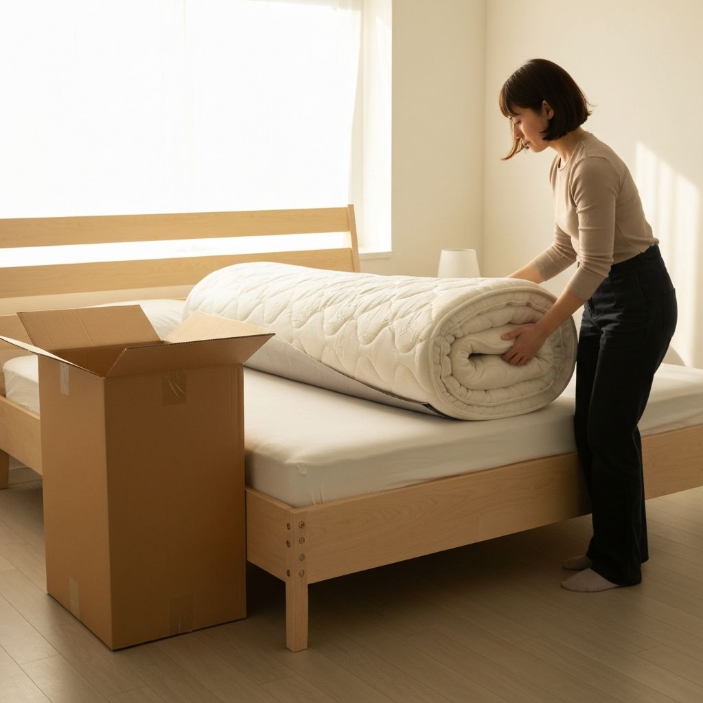 Allswell mattress being unboxed and set up in a bedroom